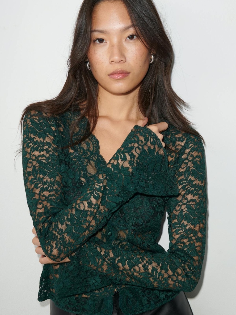 Dark Green Lace Long Sleeve Top